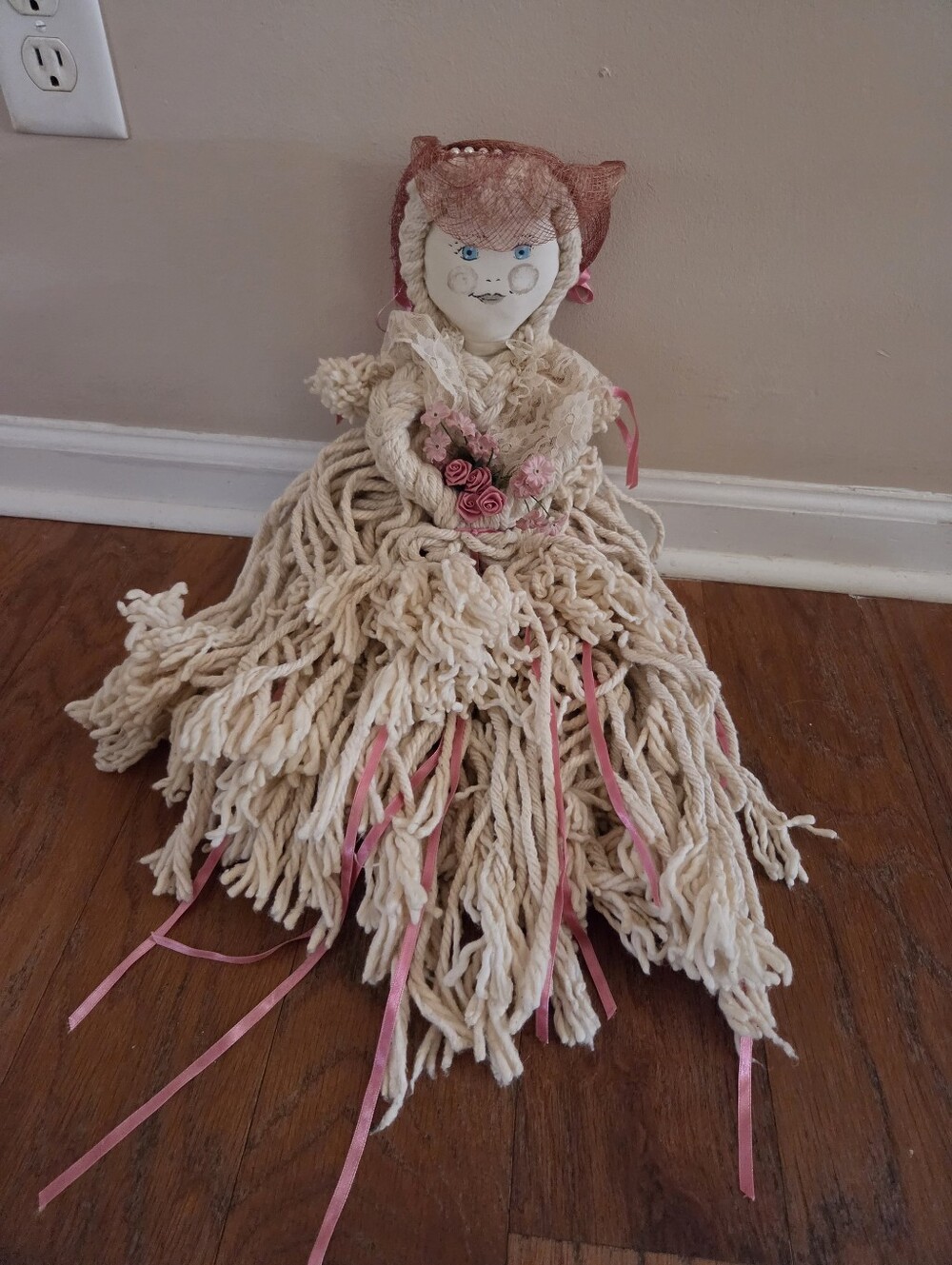 Vintage Handmade Rag Doll Mop Skirt Dress with Pink Accents Folk Art